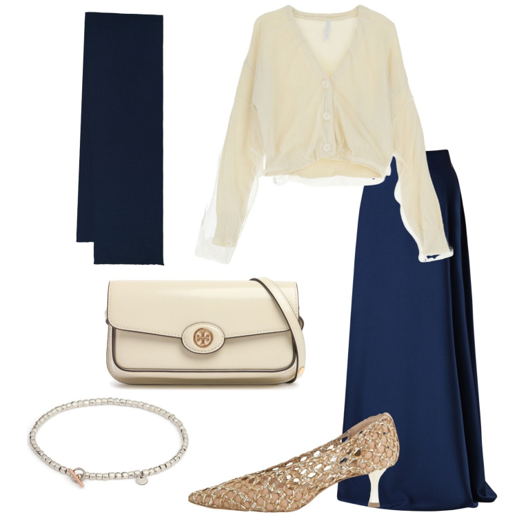 Outfit donna - Teatro. Stile Chic per Serata fuori. Abbinamento con gonne lunghe, cardigans, décolleté, sciarpe, braccialetti, borse a spalla.