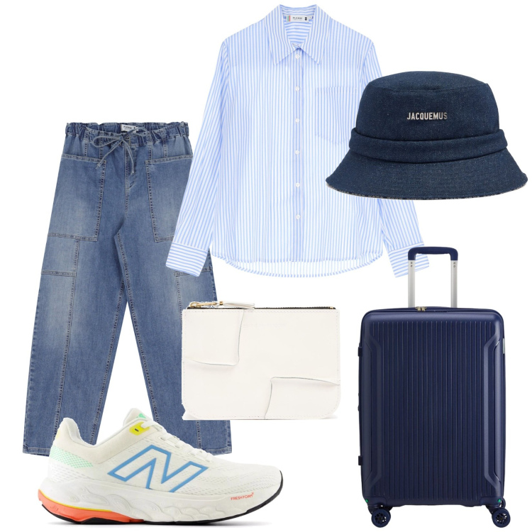 Outfit donna - Total look #2097992. Stile Casual per Tutti i giorni. Abbinamento con sneakers, jeans, camicie, valigie, portafogli, cappelli.