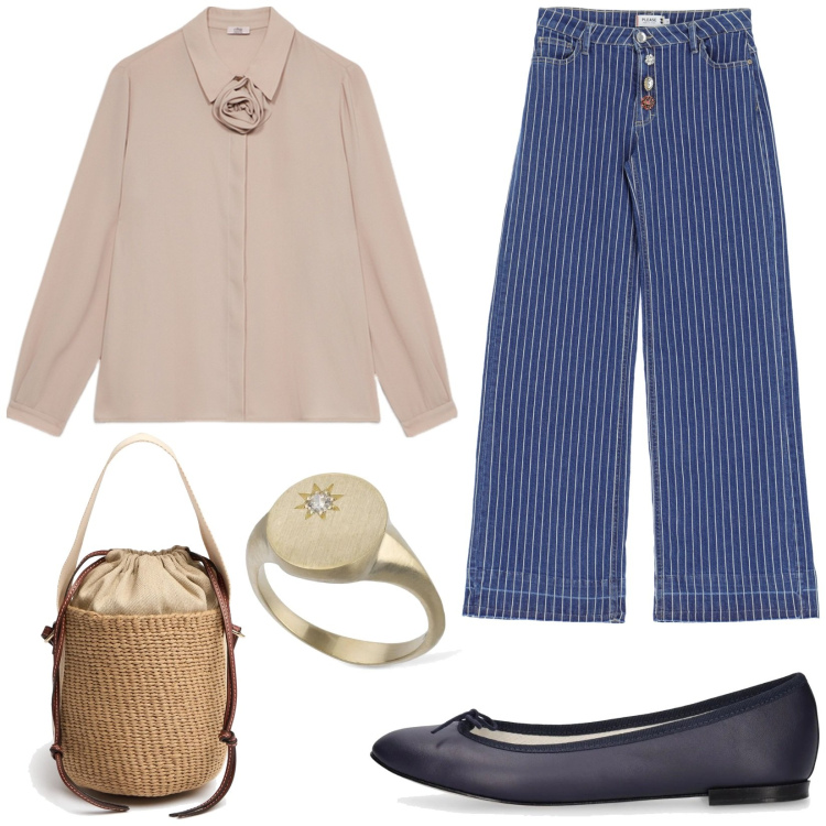 Outfit donna - Jeans a righe. Stile Casual chic per Tutti i giorni. Abbinamento con jeans, ballerine, anelli, borse a mano, camicie.
