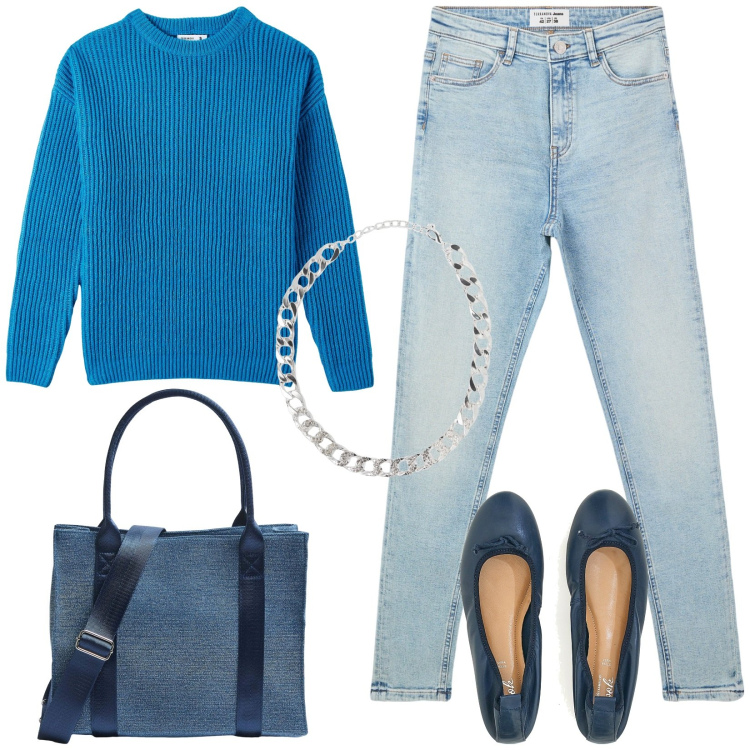 Outfit donna - Giornata all\' università. Stile Casual per Scuola/Università. Abbinamento con jeans skinny, collane, shopping bag, maglieria, ballerine.