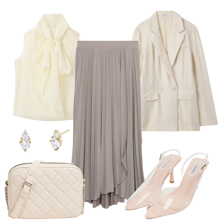 Outfit donna - Eventi speciali. Stile Chic per Tutti i giorni. Abbinamento con gonne lunghe, sandali col tacco, bluse, blazer, borse a tracolla, orecchini.