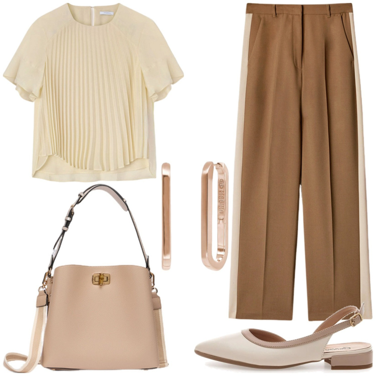 Outfit donna - City Life. Stile Casual chic per Tutti i giorni. Abbinamento con orecchini, ballerine, pantaloni a palazzo, borse a secchiello, bluse.