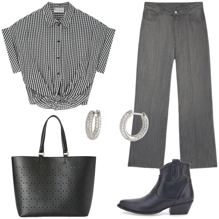 Outfit donna - Urban style. Stile Urban per Tutti i giorni. Abbinamento con orecchini, camicie, stivaletti texani, jeans, shopping bag.