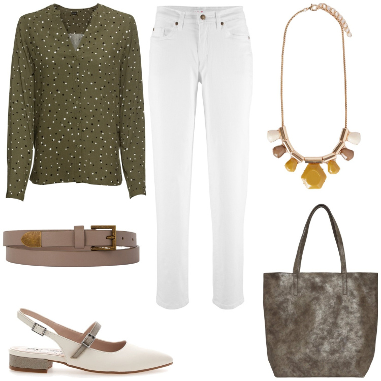 Outfit donna - Look da lavoro. Stile Casual chic per Tutti i giorni. Abbinamento con camicie, jeans mom, borse tote, cinture, ballerine, collane.