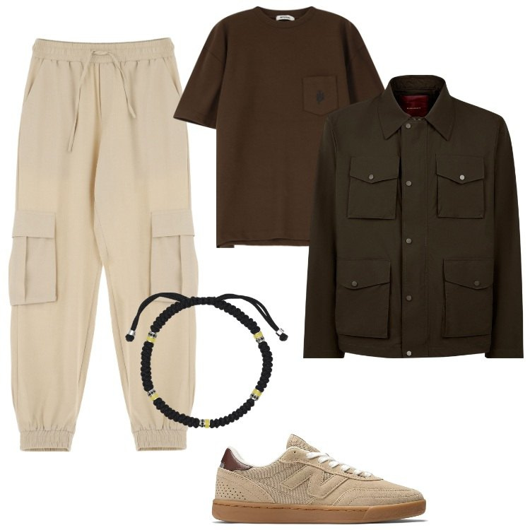 Outfit uomo - Marrone in primavera. Stile Casual per Tutti i giorni. Abbinamento con braccialetti, sneakers, pantaloni cargo, t-shirt, giacche.
