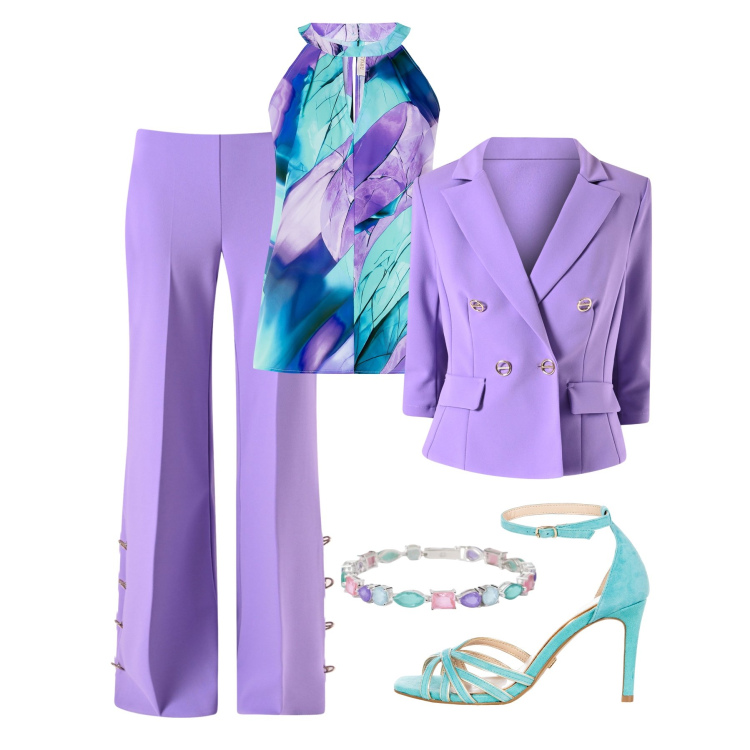 Outfit donna - Completo lavanda e fiori astratti. Stile Glamour per Cerimonia. Abbinamento con pantaloni a palazzo, sandali col tacco, top, blazer, braccialetti.