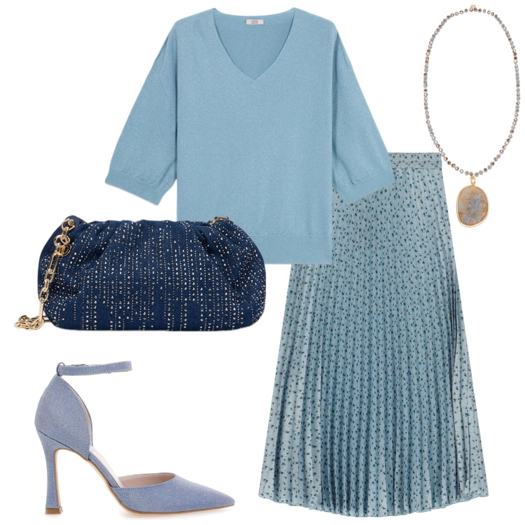 Outfit donna - Serata fuori. Stile Casual chic per Serata fuori. Abbinamento con gonne lunghe, décolleté, maglieria, clutch, ciondoli.