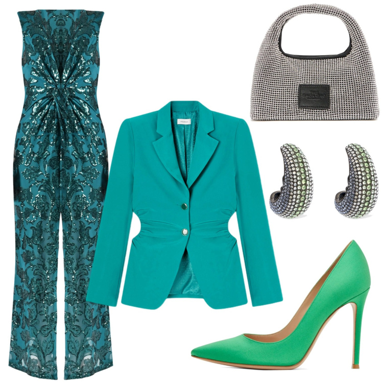 Outfit donna - Serata glam. Stile Glamour per Cerimonia. Abbinamento con vestiti lunghi, blazer, décolleté, orecchini, borse a mano.