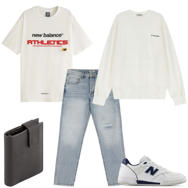 Outfit uomo - Total look #2098042. Stile Casual per Tutti i giorni. Abbinamento con t-shirt, sneakers, jeans strappati, felpe, portafogli.