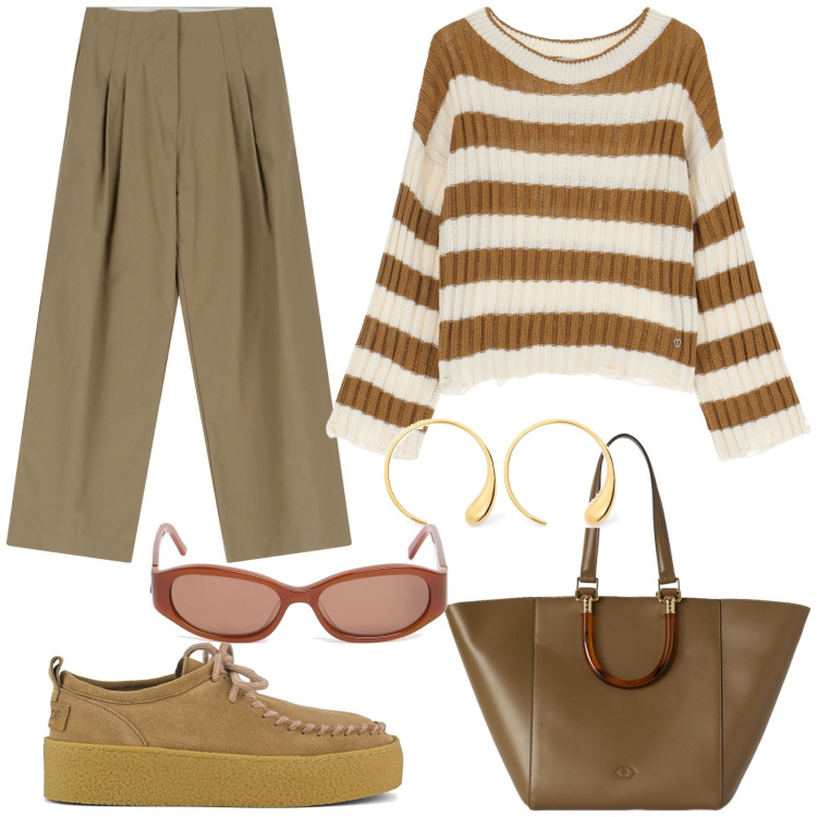 Outfit donna - Primavera nei toni sabbia. Stile Casual per Tutti i giorni. Abbinamento con pantaloni, maglieria, mocassini, occhiali da sole, orecchini, shopping bag.