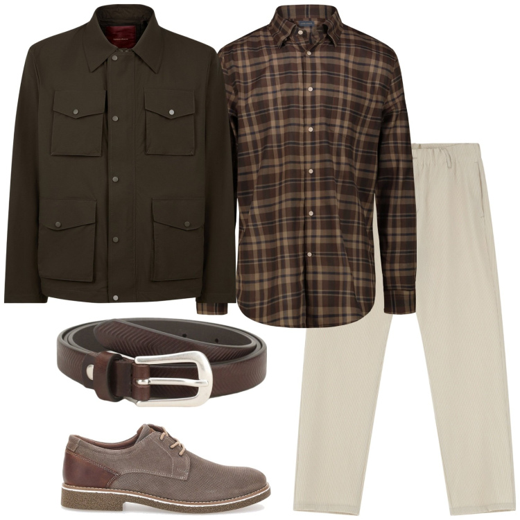 Outfit uomo - I colori caldi della terra. Stile Casual per Tutti i giorni. Abbinamento con cinture, pantaloni, giacche, scarpe stringate, camicie.