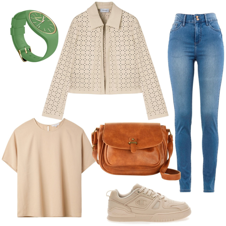Outfit donna - Pratica. Stile Casual per Tutti i giorni. Abbinamento con jeans slim fit, borse a tracolla, bluse, orologi, sneakers, blazer.