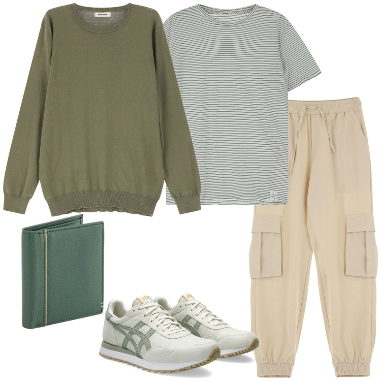 Outfit uomo - Spring. Stile Casual per Tutti i giorni. Abbinamento con pantaloni cargo, maglieria, t-shirt, sneakers, portafogli.