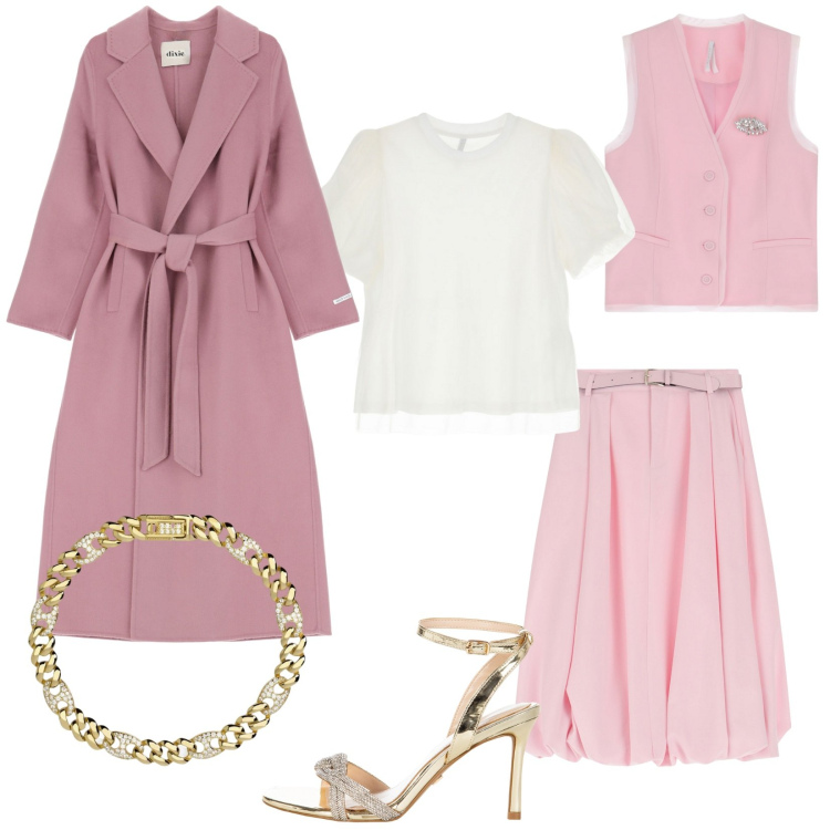 Outfit donna - Romantico rosa pastello. Stile Romantica per Tutti i giorni. Abbinamento con braccialetti, sandali col tacco, gonne longuette, t-shirt, gilet, cappotti.