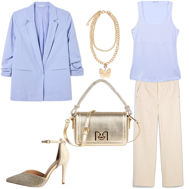 Outfit donna - Occasioni speciali. Stile Bon Ton per Cerimonia. Abbinamento con jeans dritti, canottiere, décolleté, blazer, borse a mano, collane.