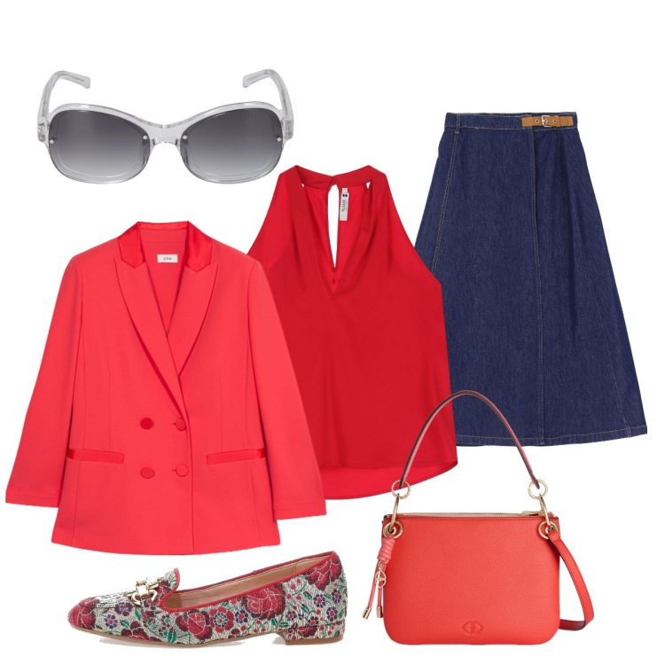 Outfit donna - Rosso classico…. Stile Chic per Tutti i giorni. Abbinamento con top, gonne lunghe, mocassini, occhiali da sole, borse a tracolla, blazer.