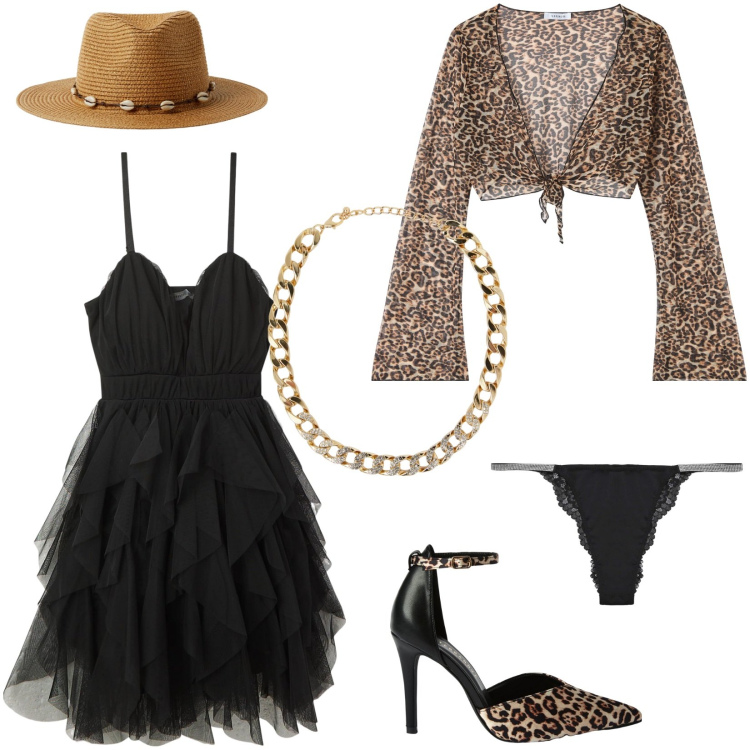 Outfit donna - Occasione speciale animalier. Stile Urban per Serata fuori. Abbinamento con vestiti corti, décolleté, collane, bolero, culotte, cappelli.