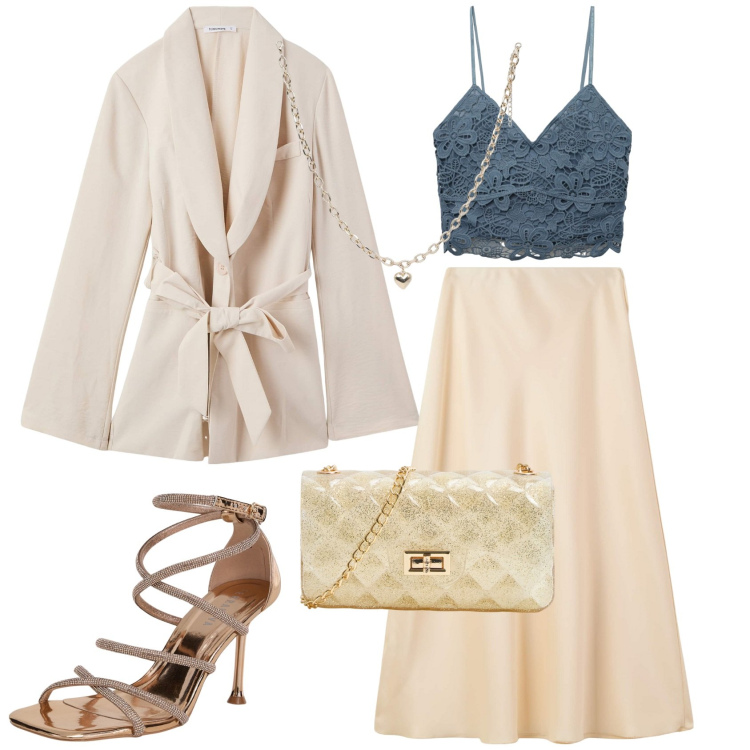 Outfit donna - Terranova occasioni speciali. Stile Glamour per Serata fuori. Abbinamento con blazer, gonne lunghe, borse a tracolla, sandali col tacco, collane, top.