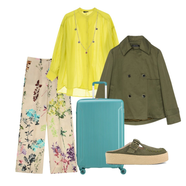 Outfit donna - Green & Flowers. Stile Casual per Mare. Abbinamento con ciondoli, camicie, pantaloni a palazzo, sabot, trench, valigie.