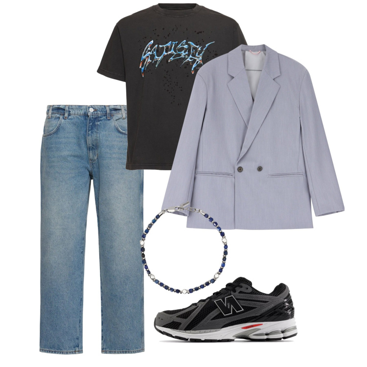 Outfit uomo - Casual chic di aprile. Stile Casual per Tutti i giorni. Abbinamento con braccialetti, sneakers, giacche, jeans, t-shirt.