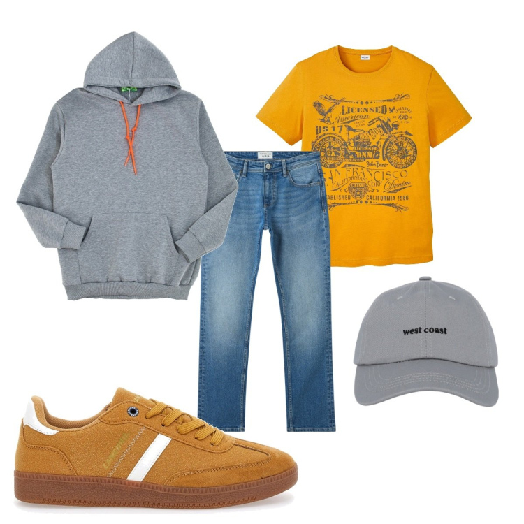 Outfit uomo - Total look #2098098. Stile Casual per Tutti i giorni. Abbinamento con t-shirt, jeans, cappelli con visiera, felpe con cappuccio, sneakers.
