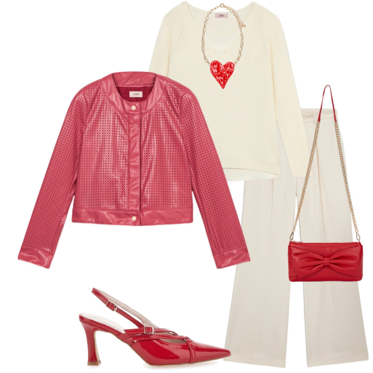 Outfit donna - Accessori rossi. Stile Casual chic per Serata fuori. Abbinamento con décolleté, pantaloni a palazzo, maglieria, borse a tracolla, giacche, ciondoli.