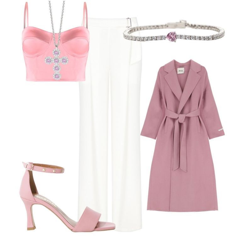 Outfit donna - Uscita. per Tutti i giorni. Abbinamento con pantaloni, canottiere, braccialetti, ciondoli, sandali col tacco, cappotti.