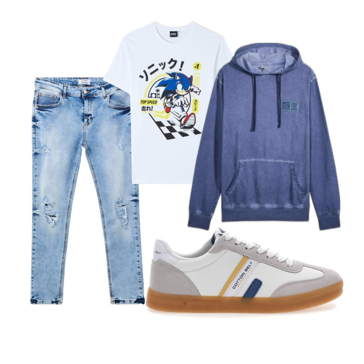 Outfit uomo - Total look #2098104. Stile Casual per Tutti i giorni. Abbinamento con felpe con cappuccio, t-shirt, jeans strappati, sneakers.