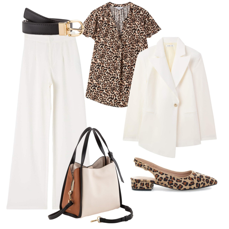 Outfit donna - Tailleur bianco-dettagli animalier. Stile Trendy per Tutti i giorni. Abbinamento con blazer, bluse, pantaloni, ballerine, borse a mano, cinture.