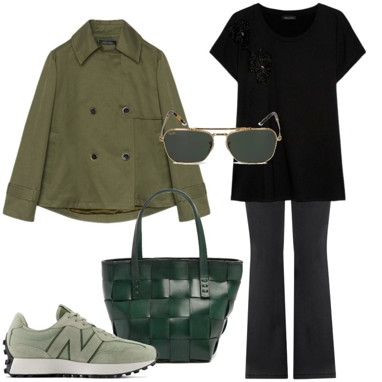 Outfit donna - Urban style. Stile Urban per Ufficio. Abbinamento con sneakers, jeggings, t-shirt, trench, occhiali da sole, borse a mano.