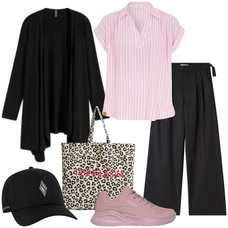 Outfit donna - Shopping in centro. Stile Casual per Tutti i giorni. Abbinamento con bluse, cardigans, pantaloni, shopping bag, cappelli con visiera, sneakers.