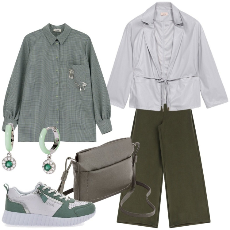 Outfit donna - Verde muschio. Stile Urban per Tutti i giorni. Abbinamento con orecchini, pantaloni a palazzo, camicie, sneakers, borse a tracolla, blazer.