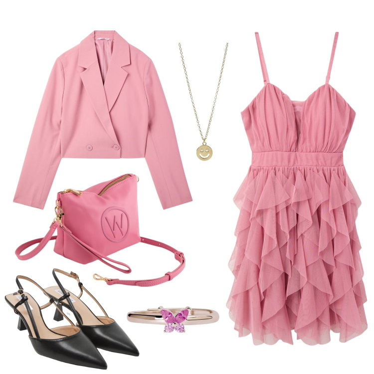 Outfit donna - Se ami il rosa. Stile Romantica per Cerimonia. Abbinamento con sabot, blazer, vestiti corti, anelli, collane, valigie.
