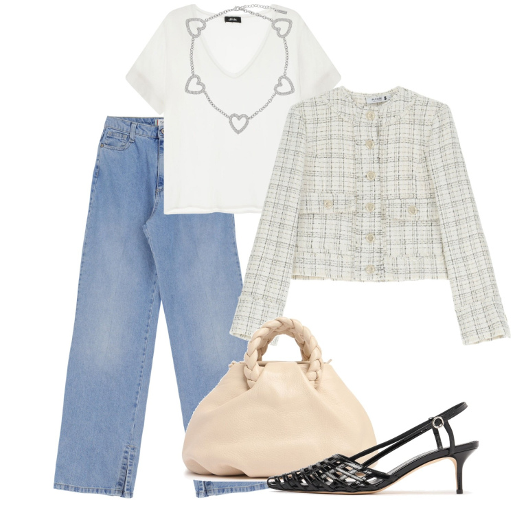 Outfit donna - Aprile chanel e slingback. Stile Casual chic per Tutti i giorni. Abbinamento con jeans, blazer, t-shirt, borse a mano, collane, scarpe col tacco.