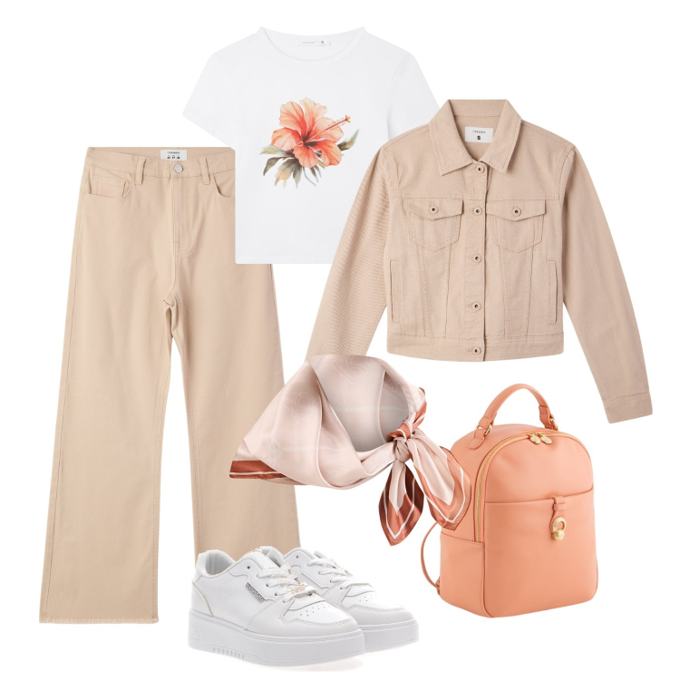 Outfit donna - Un fiore ibisco in città. Stile Casual per Tutti i giorni. Abbinamento con pantaloni, blazer, t-shirt, foulard, sneakers, zaini.