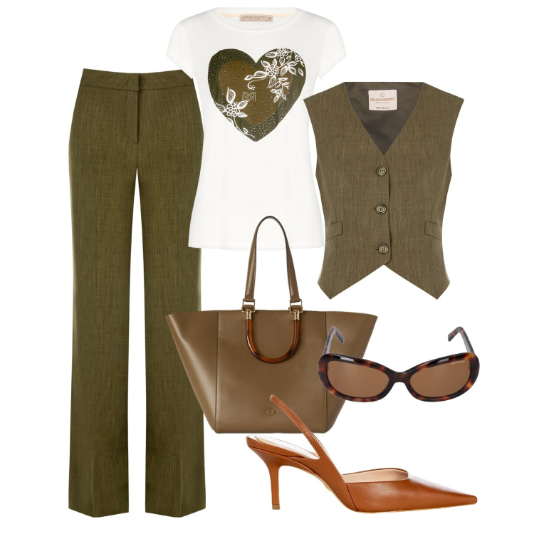 Outfit donna - Ufficio verde militare. Stile Casual chic per Ufficio. Abbinamento con décolleté, pantaloni a palazzo, gilet, t-shirt, shopping bag, occhiali da sole.