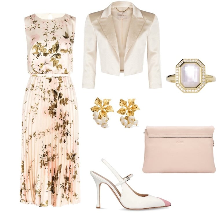 Outfit donna - Madrina. Stile Bon Ton per Cerimonia. Abbinamento con anelli, bolero, vestiti midi/longuette, décolleté, borse a tracolla, orecchini.