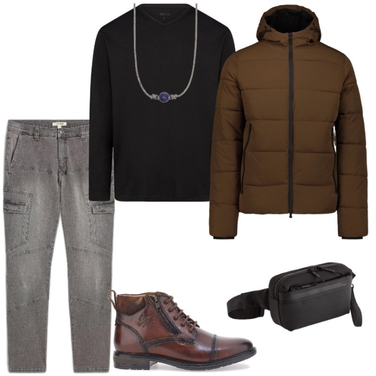 Outfit uomo - Total look #2098169. Stile Casual per Tutti i giorni. Abbinamento con jeans dritti, collane, scarpe stringate, piumini, t-shirt, borse sportive.