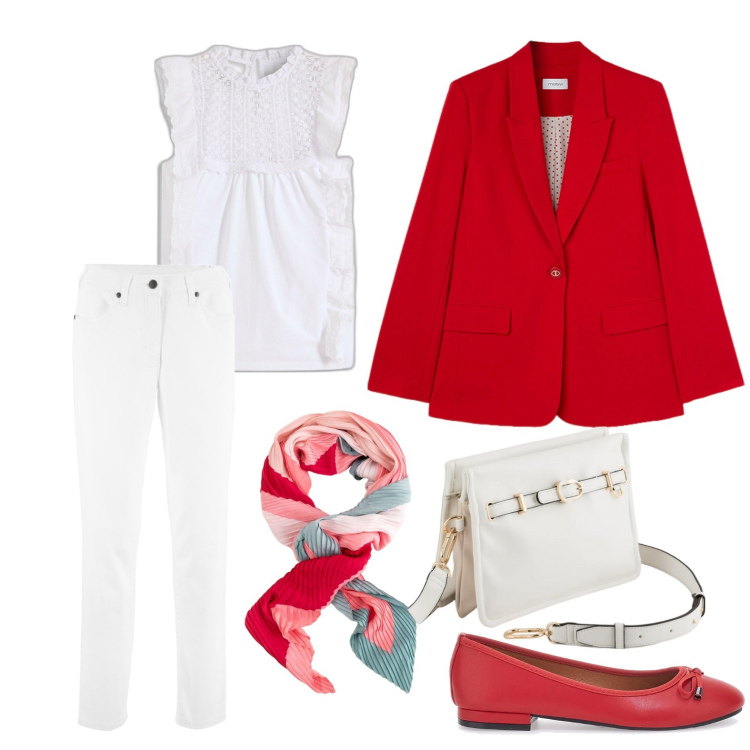 Outfit donna - Primavera in rosso. Stile Casual chic per Tutti i giorni. Abbinamento con pantaloni, top, ballerine, blazer, foulard, borse a tracolla.