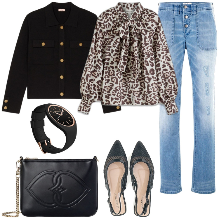 Outfit donna - Aperitivo con gli amici. Stile Casual chic per Serata fuori. Abbinamento con jeans boyfriend, camicie, orologi, ballerine, pochette, blazer.