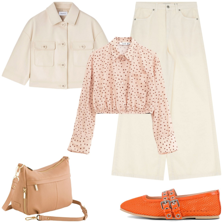 Outfit donna - Buona giornata. Stile Casual per Tutti i giorni. Abbinamento con camicie, jeans, ballerine, borse a tracolla, blazer.