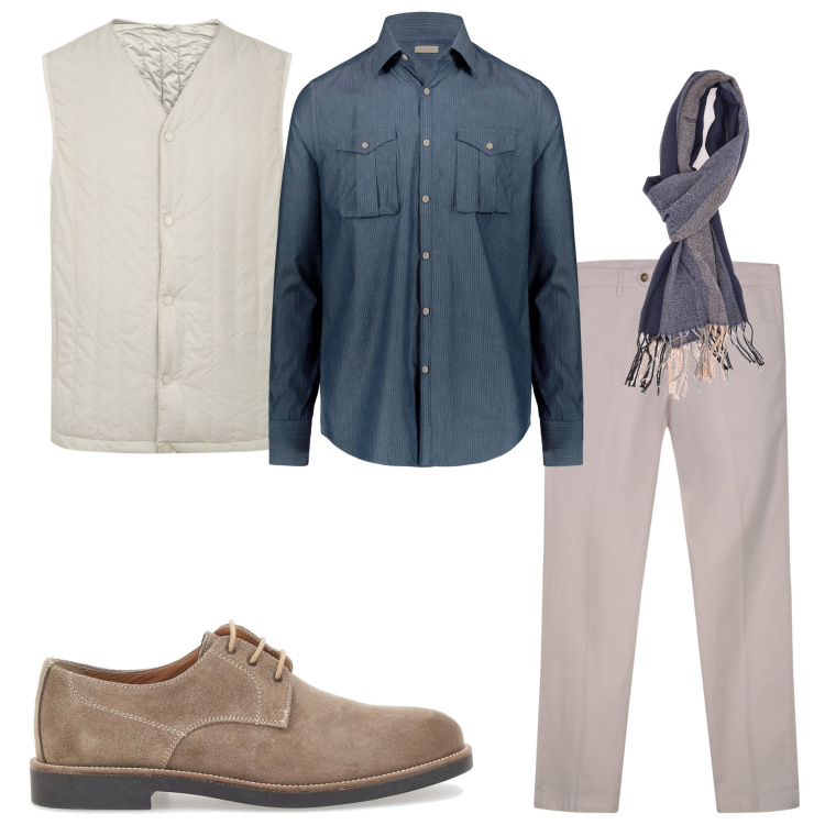 Outfit uomo - In città. Stile Urban per Tutti i giorni. Abbinamento con camicie, piumini, pantaloni chino, scarpe stringate, sciarpe.