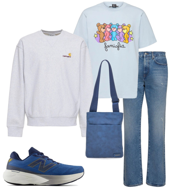 Outfit uomo - Domenica in famiglia. Stile Casual per Tutti i giorni. Abbinamento con sneakers, portafogli, t-shirt, felpe, jeans.