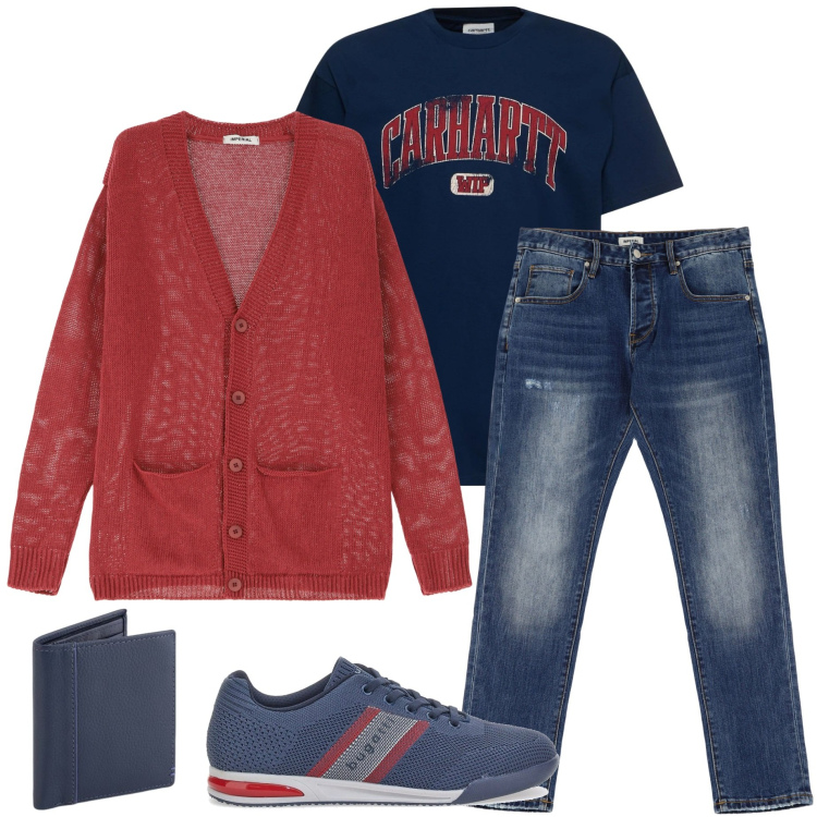 Outfit uomo - Casual style. Stile Casual per Tutti i giorni. Abbinamento con cardigans, jeans dritti, scarpe stringate, t-shirt, portafogli.