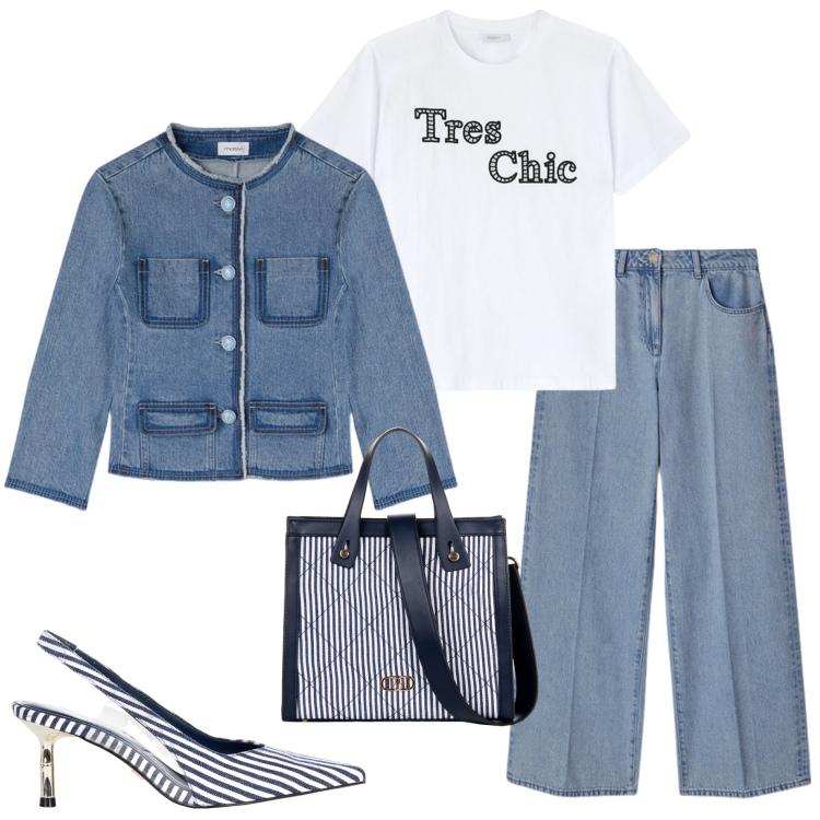 Outfit donna - Tres chic. Stile Casual chic per Serata fuori. Abbinamento con shopping bag, décolleté, blazer, jeans, t-shirt.