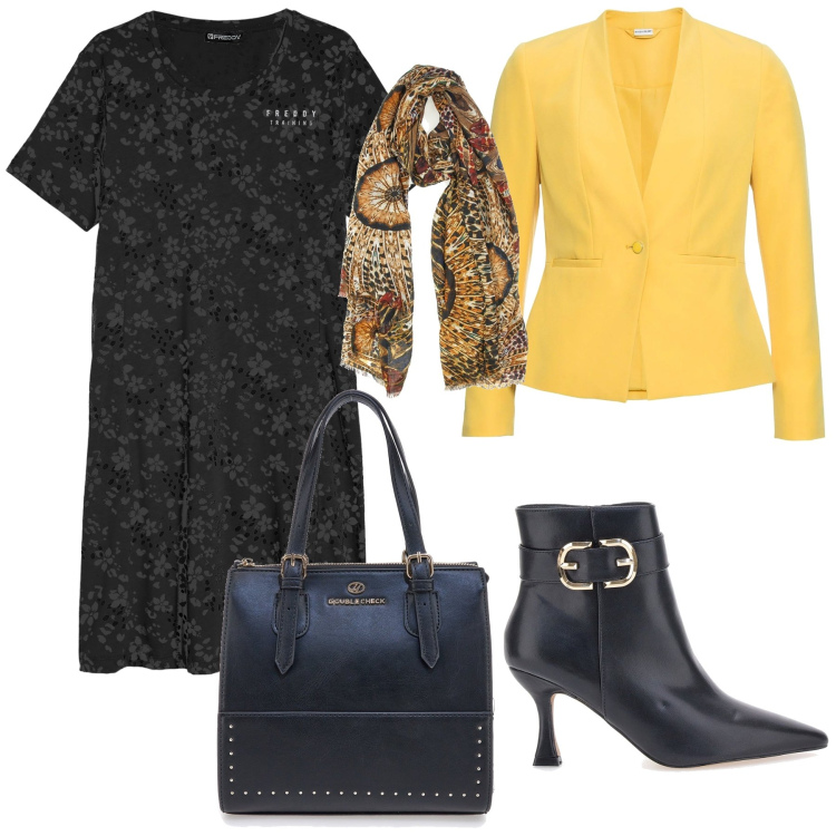 Outfit donna - Pronta per l ufficio. Stile Urban per Ufficio. Abbinamento con blazer, vestiti, borse a mano, stivaletti, foulard.