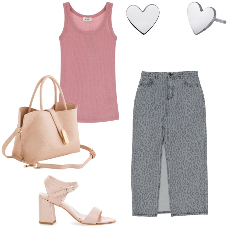 Outfit donna - Al bar per caffè con lui. Stile Trendy per Tutti i giorni. Abbinamento con orecchini, gonne lunghe, canottiere, sandali col tacco, borse a mano.