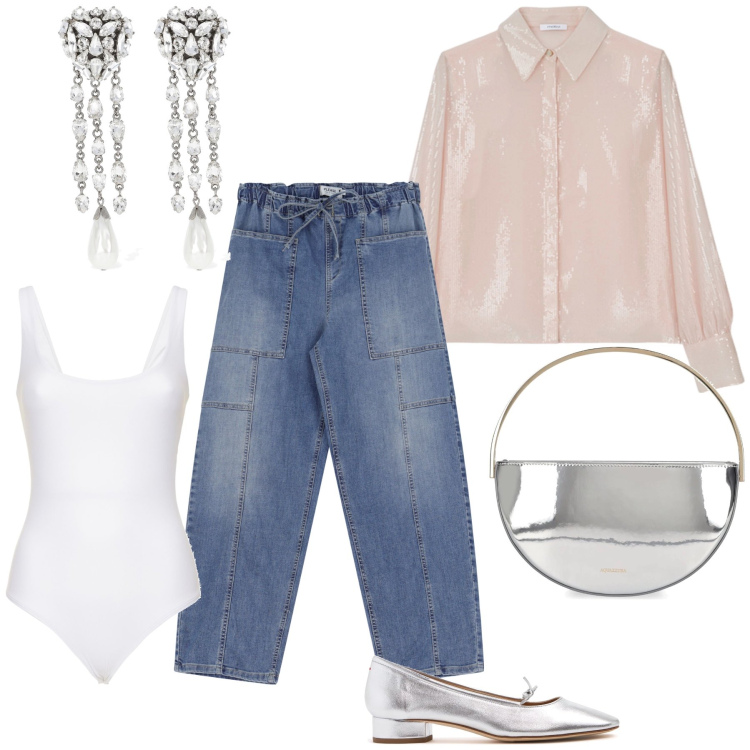Outfit donna - Eleganza in jeans. Stile Glamour per Serata fuori. Abbinamento con jeans, pochette, orecchini, scarpe col tacco, body, camicie.