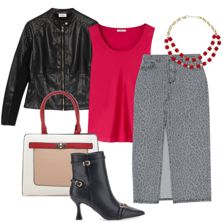Outfit donna - Sexy rock. Stile Sexy per Serata fuori. Abbinamento con gonne lunghe, collane, stivaletti, borse a spalla, top, blazer.