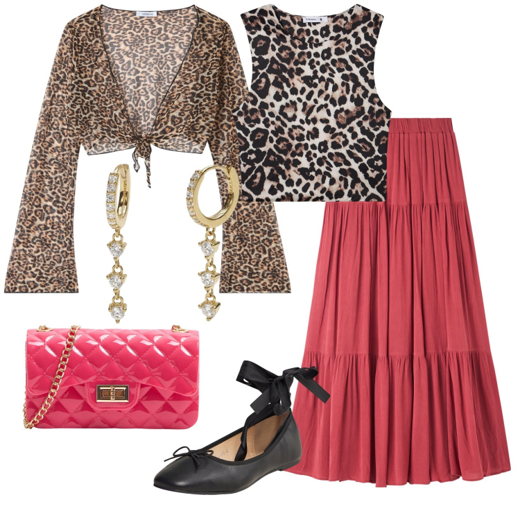 Outfit donna - Gitana. Stile Casual per Serata fuori. Abbinamento con top, borse a tracolla, gonne lunghe, bolero, ballerine, orecchini.